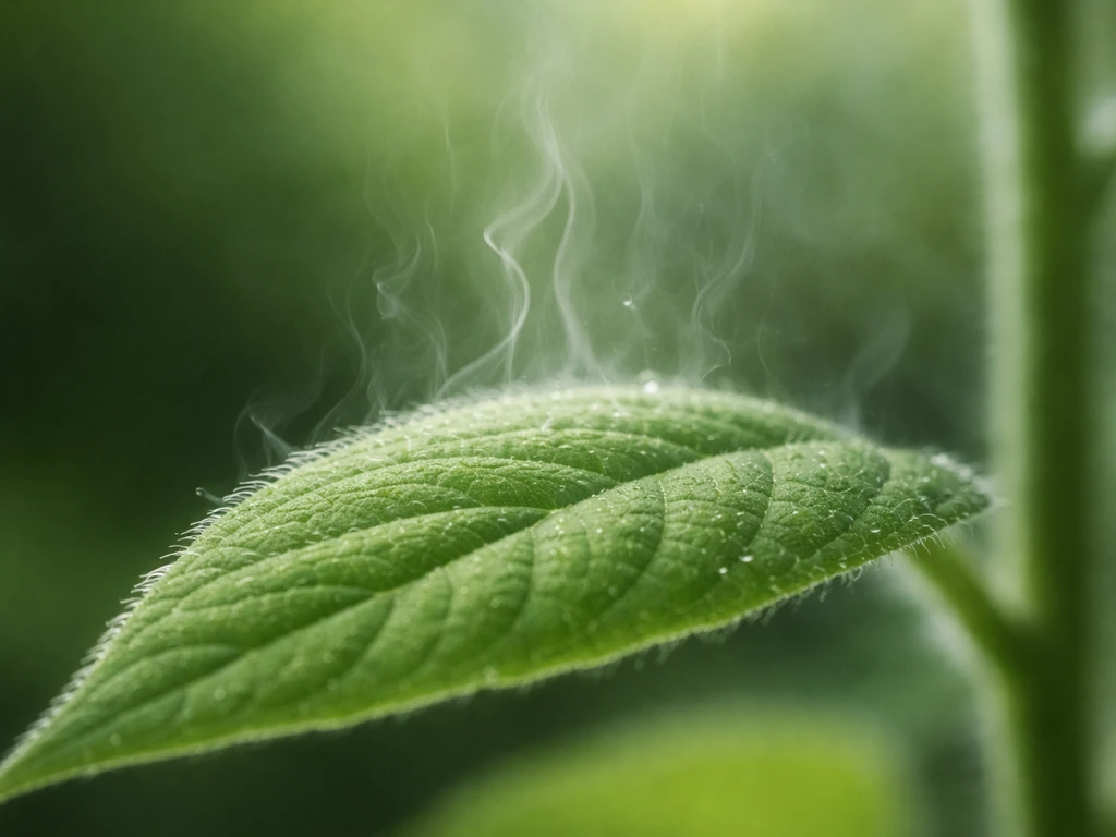 Close-up leaf with water evaporating from stomata, showing a simple upward moisture flow in the background