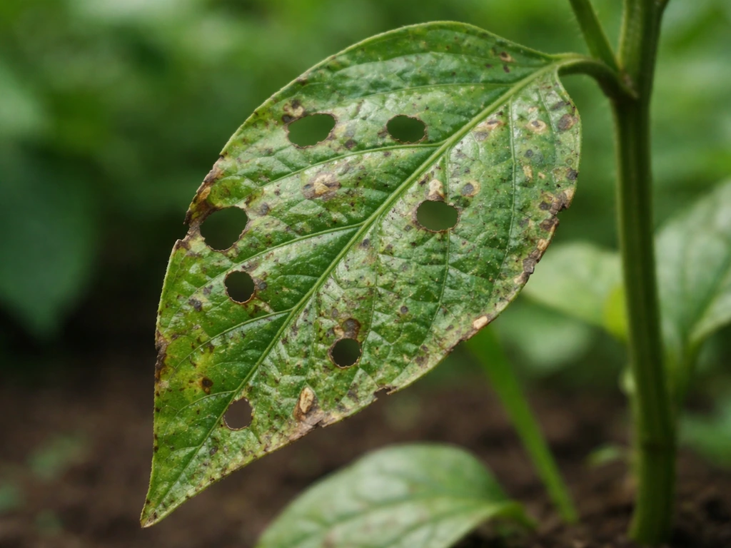 Close-up of a damaged green leaf with small holes and spots from pests or disease, on a plant stem