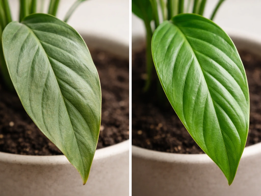 Split view of wilted versus turgid green leaves on a simple potted plant background.