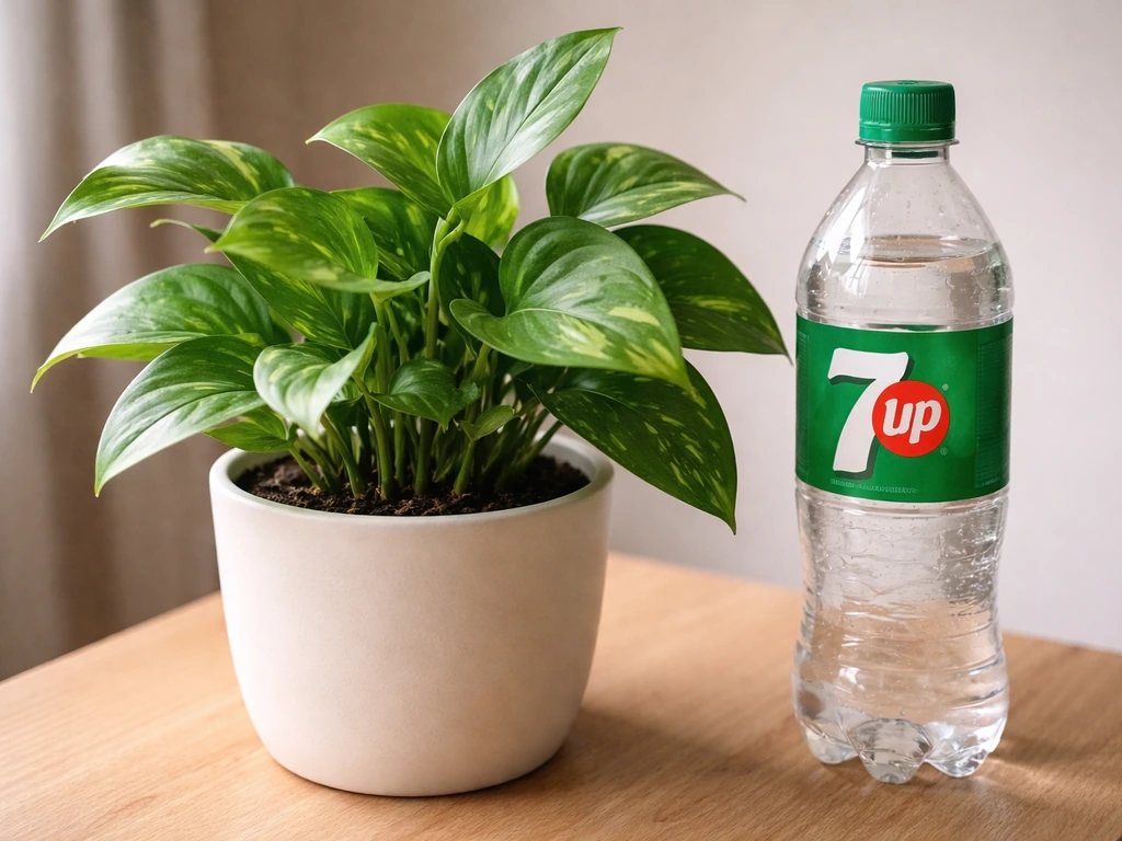 Healthy potted plant beside a clear 7Up bottle, suggesting a skeptical at-home remedy test.