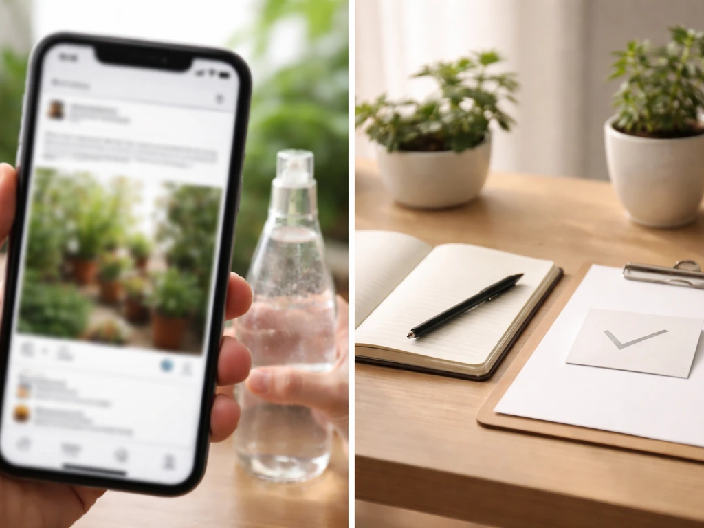Minimal split-screen scene showing a blurred social post and a neutral fact-check graphic vibe about soda and plants.