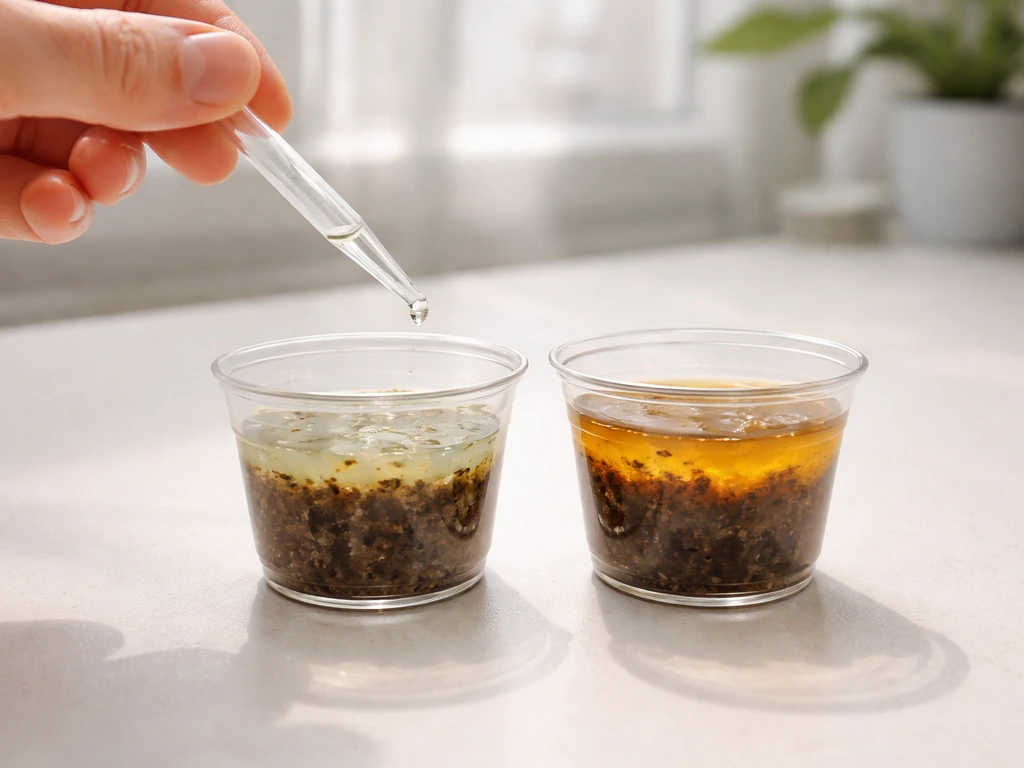 Hand adds drops to a potting mix pH test cup with visible color shift in indicator liquid.