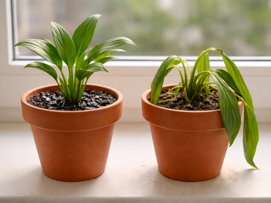 Two identical potted plants side-by-side: left looks refreshed after flushing, right droops from unflushed stress.