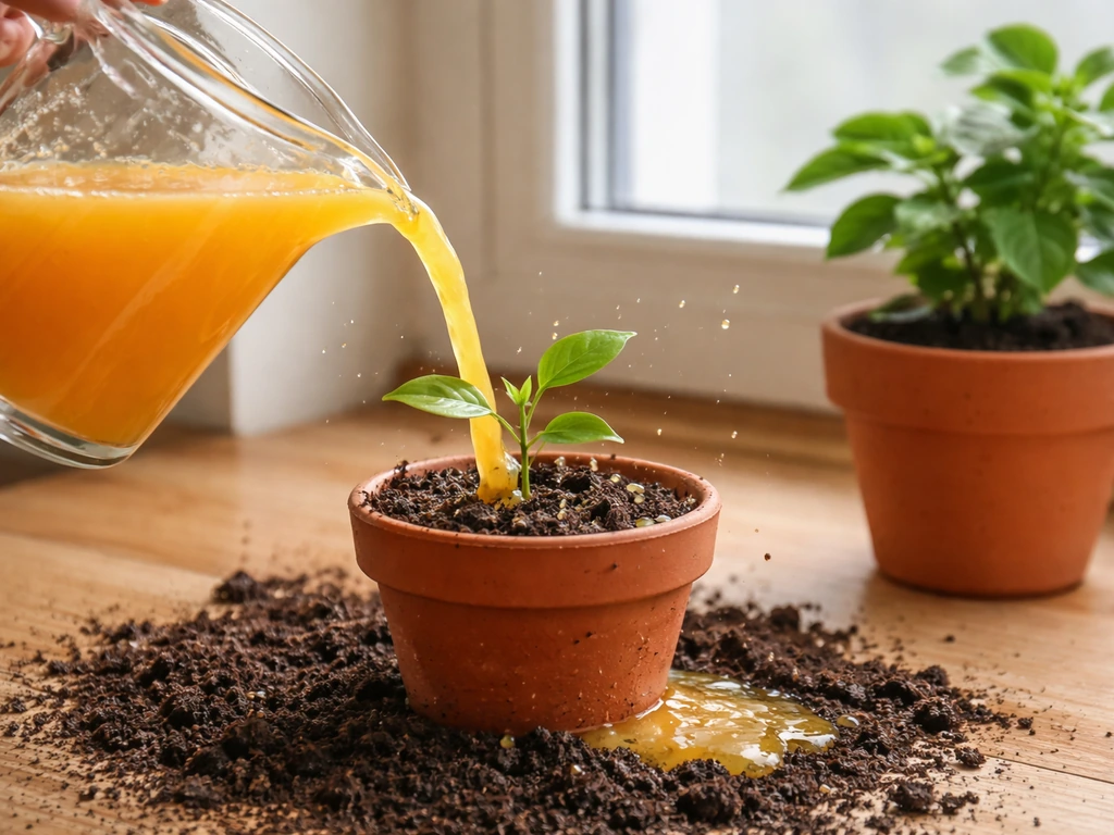 Orange juice being poured beside a potted plant, contrasting with a healthy plant setup.