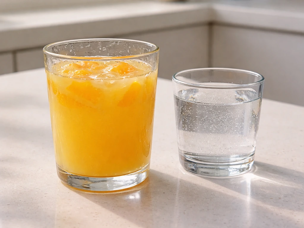 Close-up of orange juice with floating citrus segments and a small cup of water with tiny dissolved-like specks.