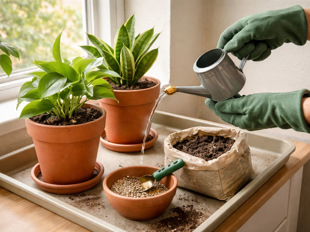 Gardener in gloves applying liquid fertilizer and compost to healthy potted plants in a simple indoor garden.