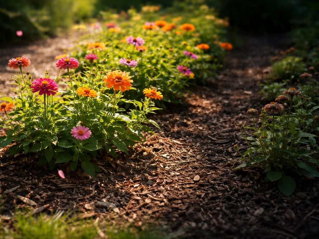 Sunlit garden bed with thriving flowers beside a darker, less-blooming corner, showing the effect of light.