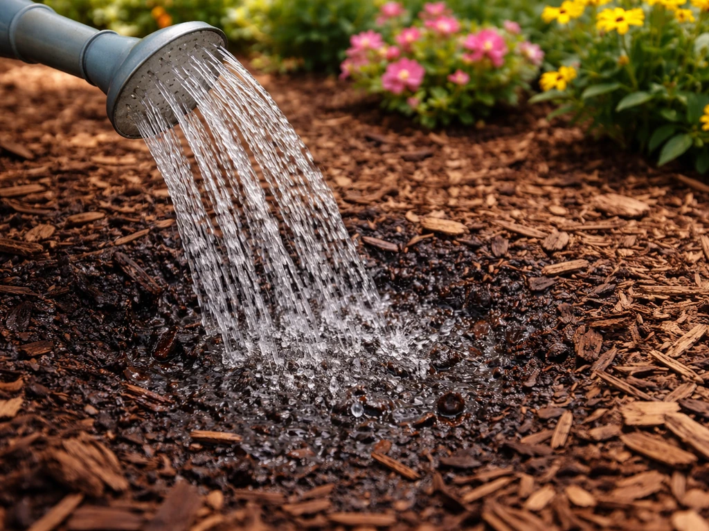 Watering can pouring water into mulch-covered soil around flowering plants in a quiet garden bed.