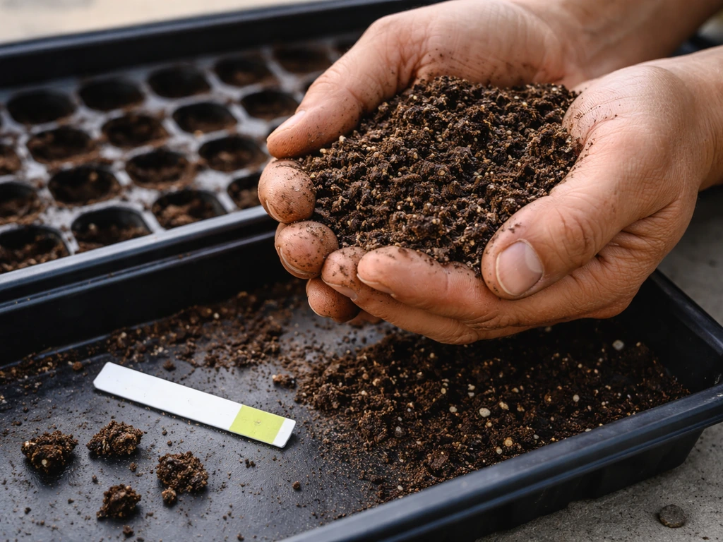 Gardener’s hands holding crumbly soil with pH test strip beside it in a simple tray