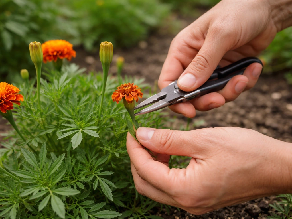 Gardener’s hands deadheading a marigold by snipping spent blooms just above a leaf node.