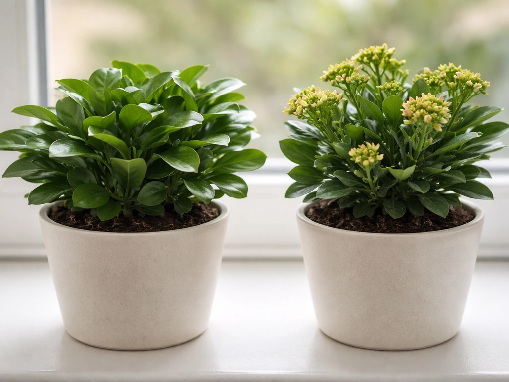 Side-by-side potted plants: one lush with no buds, one flowering after a bloom booster.