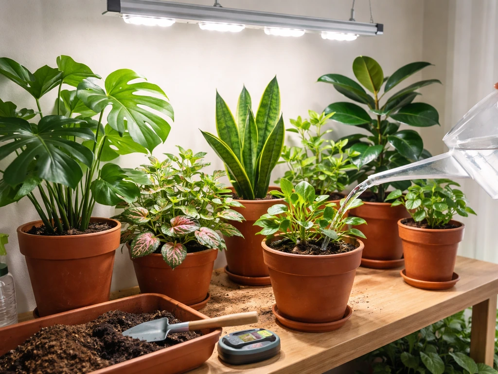 Indoor garden with lush plants, grow lights, watering setup, and new green leaf growth.