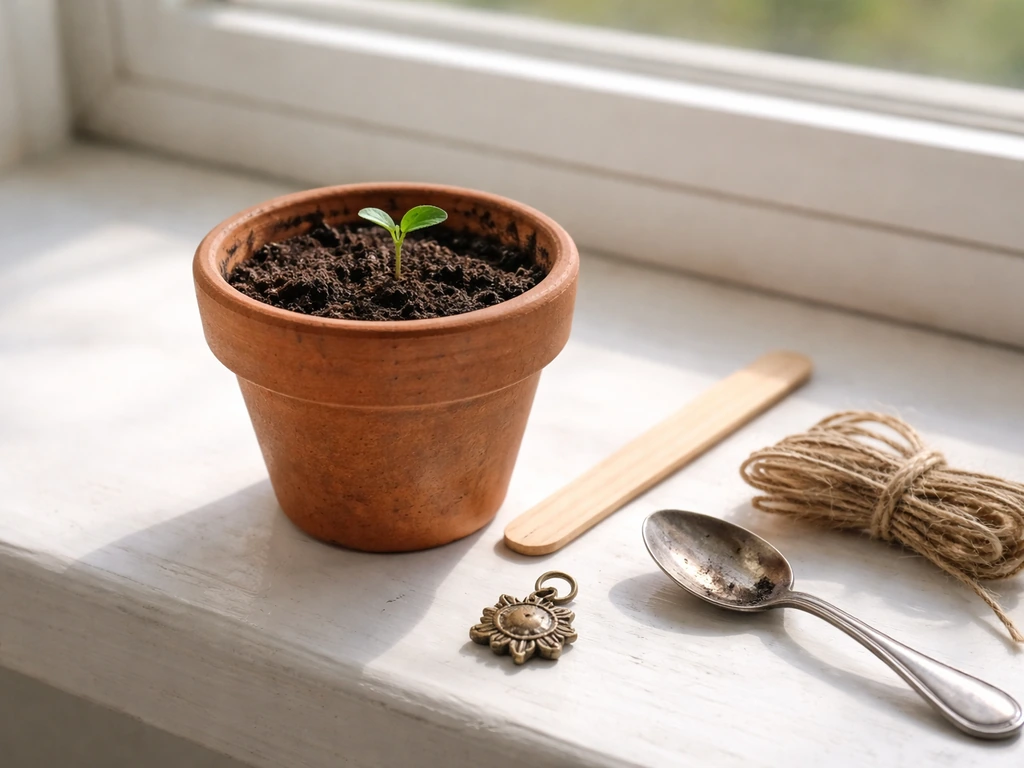 Gardening pot with soil and a small seedling beside a worn charm-like trinket on a windowsill.