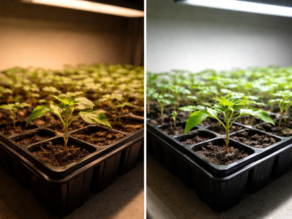 Two trays of seedlings side by side under dimmer vs brighter grow lights, showing different leaf brightness.