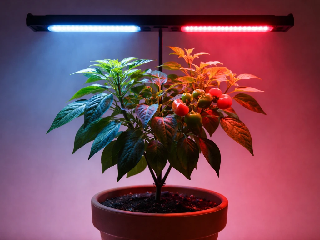 Compact LED grow bar casts blue and red light on a potted plant showing leafy vs fruiting areas
