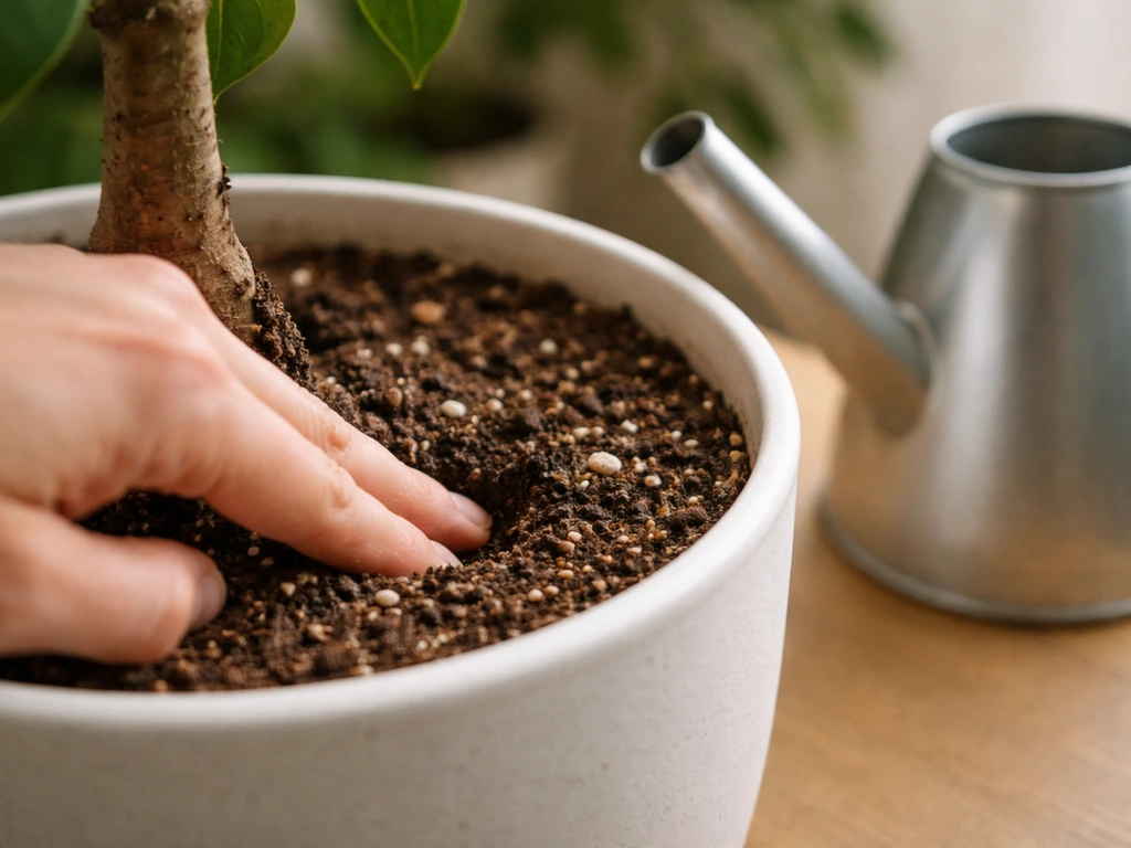 Hand doing the finger test in a potted plant’s soil, with a watering can nearby