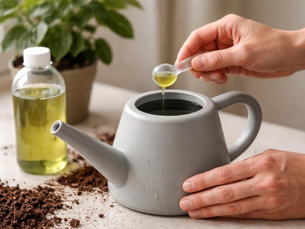 Anonymous hands measuring liquid fertilizer into a watering can beside a potted plant
