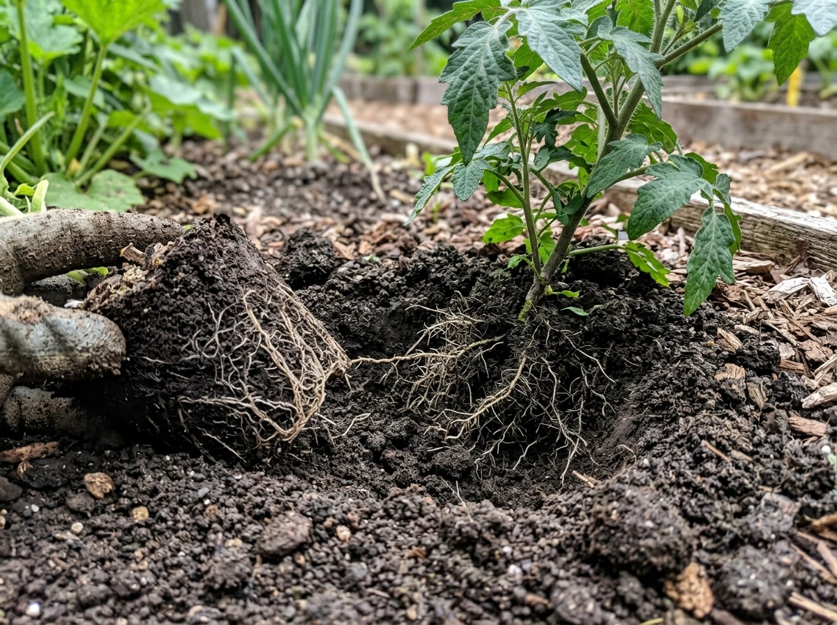 Exposed plant roots in healthy garden soil showing soil structure around them. Style: candid iPhone photo, natural light