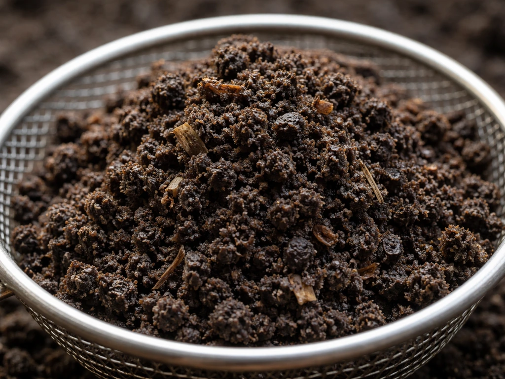 Close-up of dark worm castings with small organic particles in a small sieve pile