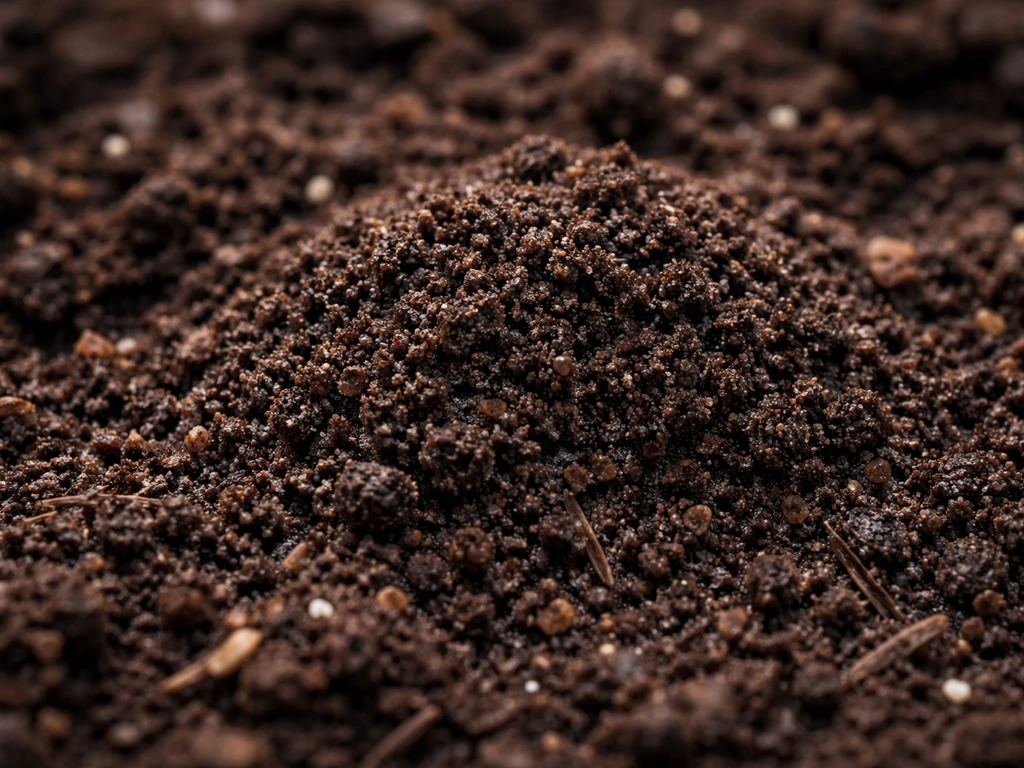 Close-up of moist soil with dark earthworm castings and crumb structure suggesting active microbial life.