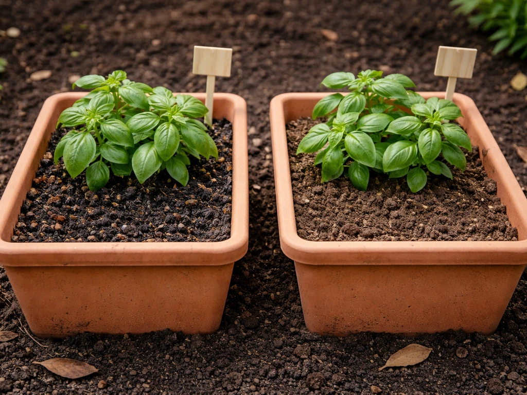 Two garden containers side by side, one with plant castings treatment and one untreated in natural light.