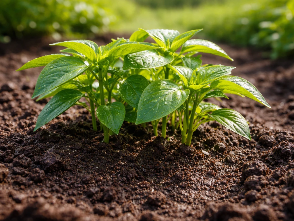 Close garden bed with lush green plants and dark, healthy soil under bright natural light.
