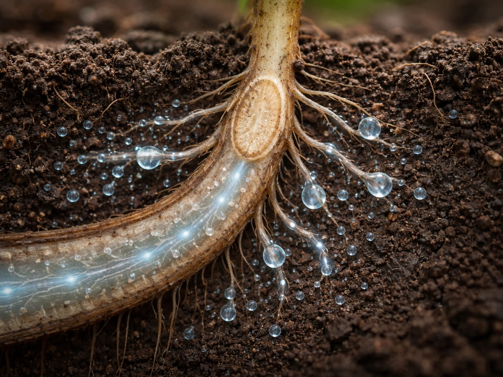 Macro cross-section of a plant root absorbing moist water and nutrients from soil, shown as subtle flow.