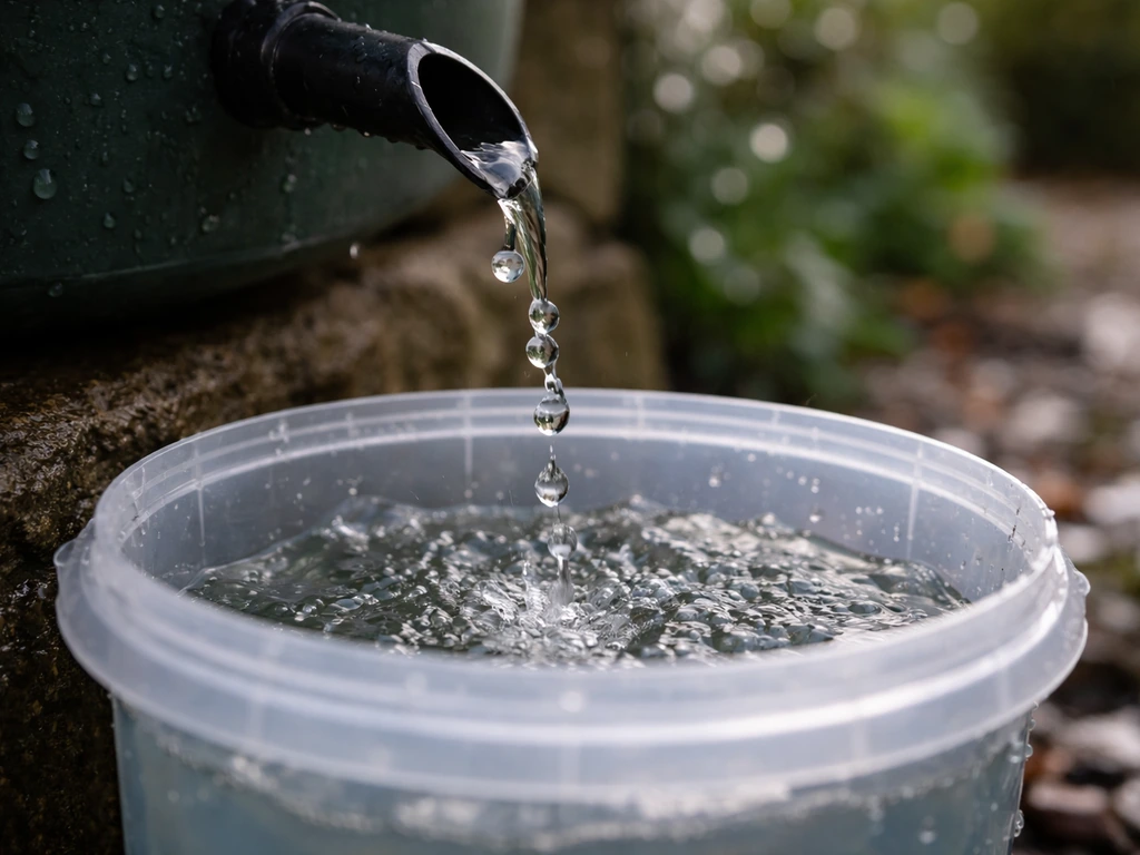 Close-up of rain droplets filling a container from a rain barrel for irrigation