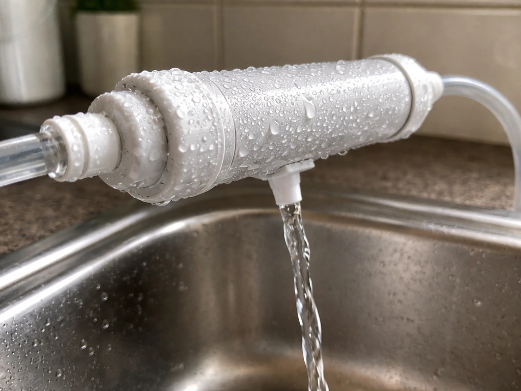 Macro close-up of clear water flowing from an inline carbon filter outlet into a sink