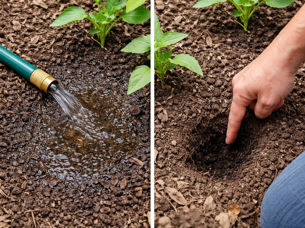 Hand finger-probes soil moisture depth in a garden bed while a hose waters deeply and infrequently.