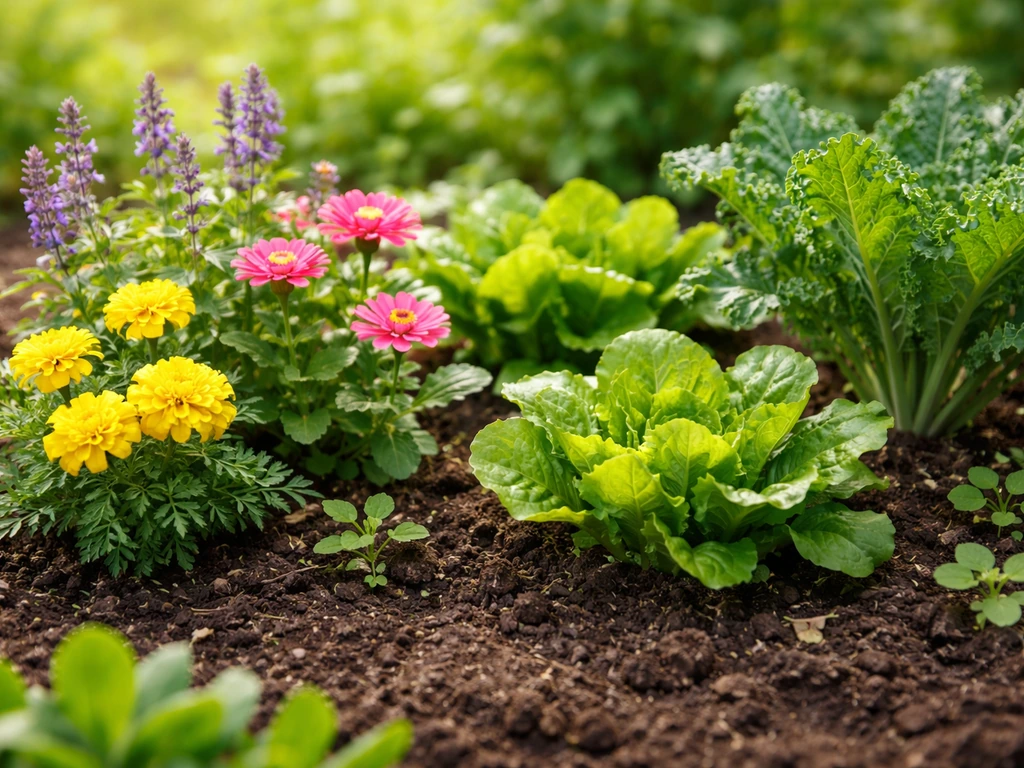 Healthy garden plants growing in rich soil under bright sunlight