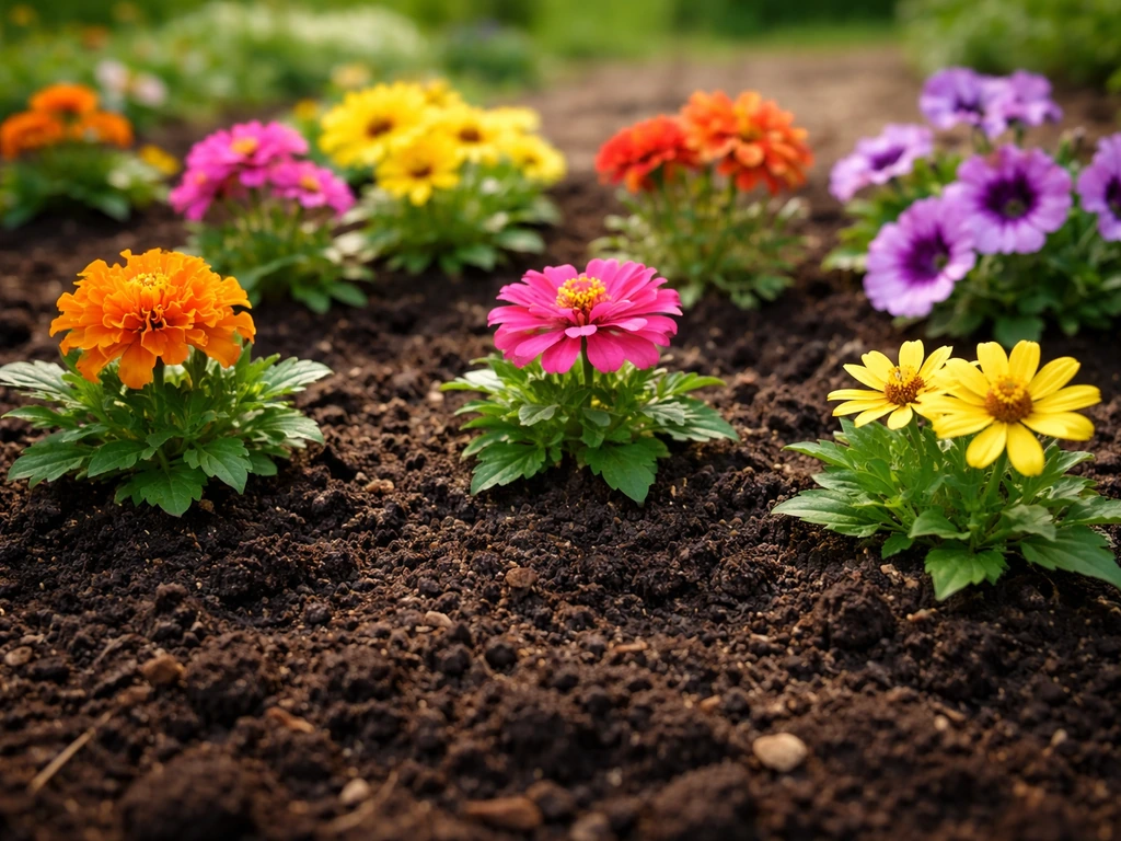 Vibrant blooming flowers with dark compost-rich soil spread around their bases in a simple flower bed.