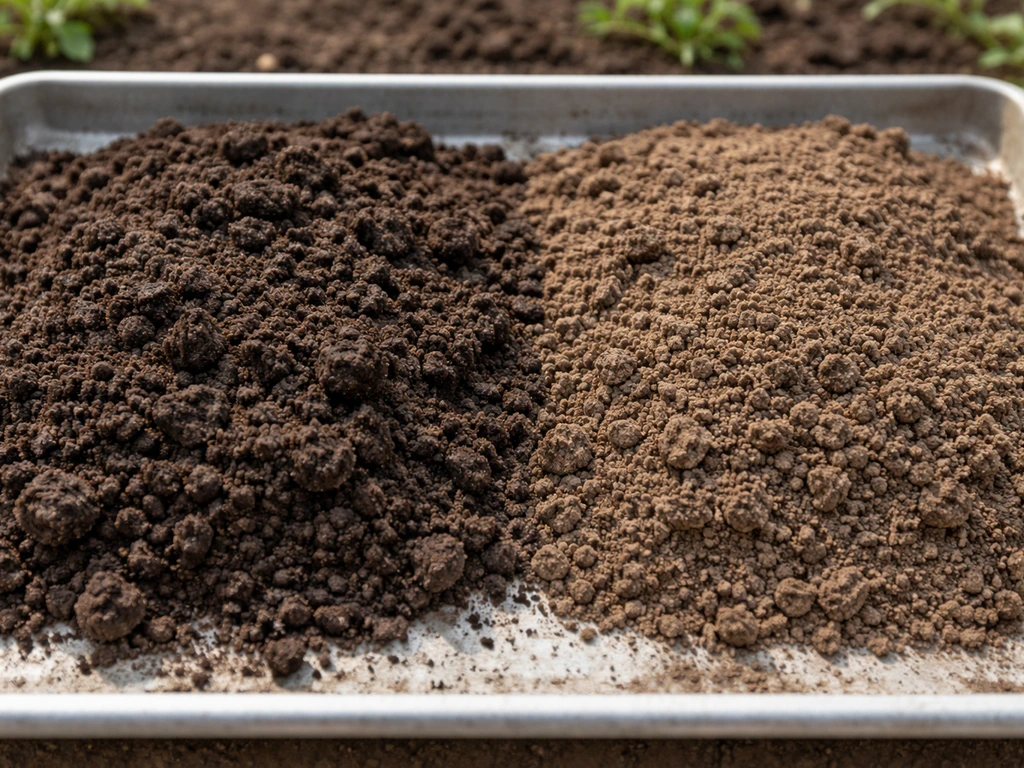 Closeup of two adjacent soil samples: darker, crumbly compost-mixed soil beside compacted lighter soil.