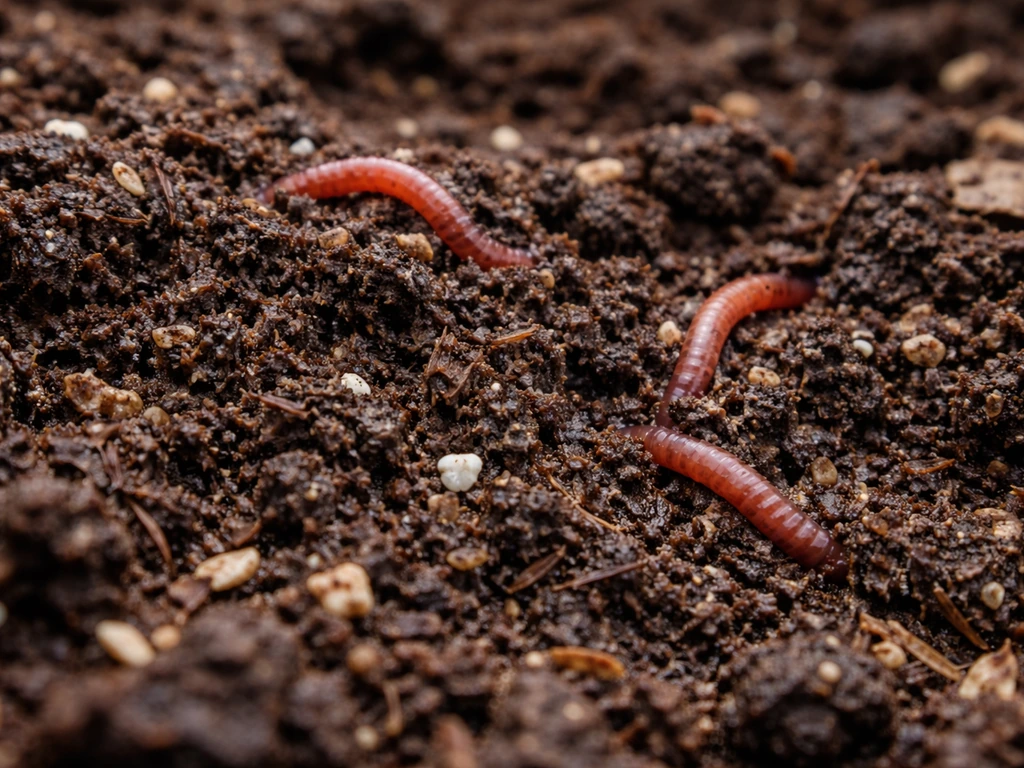 Close-up of finished compost with visible soil life and earthworms, showing healthy, active soil.