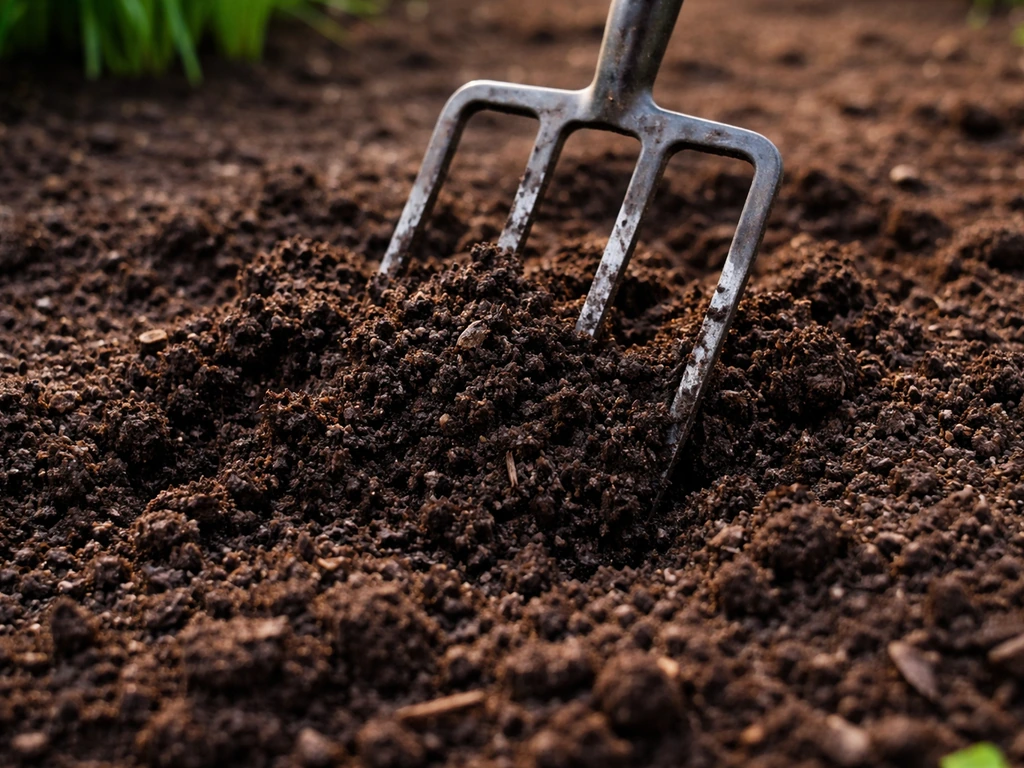Gardener mixing dark compost into flower bed soil with a fork, showing improved garden earth texture.