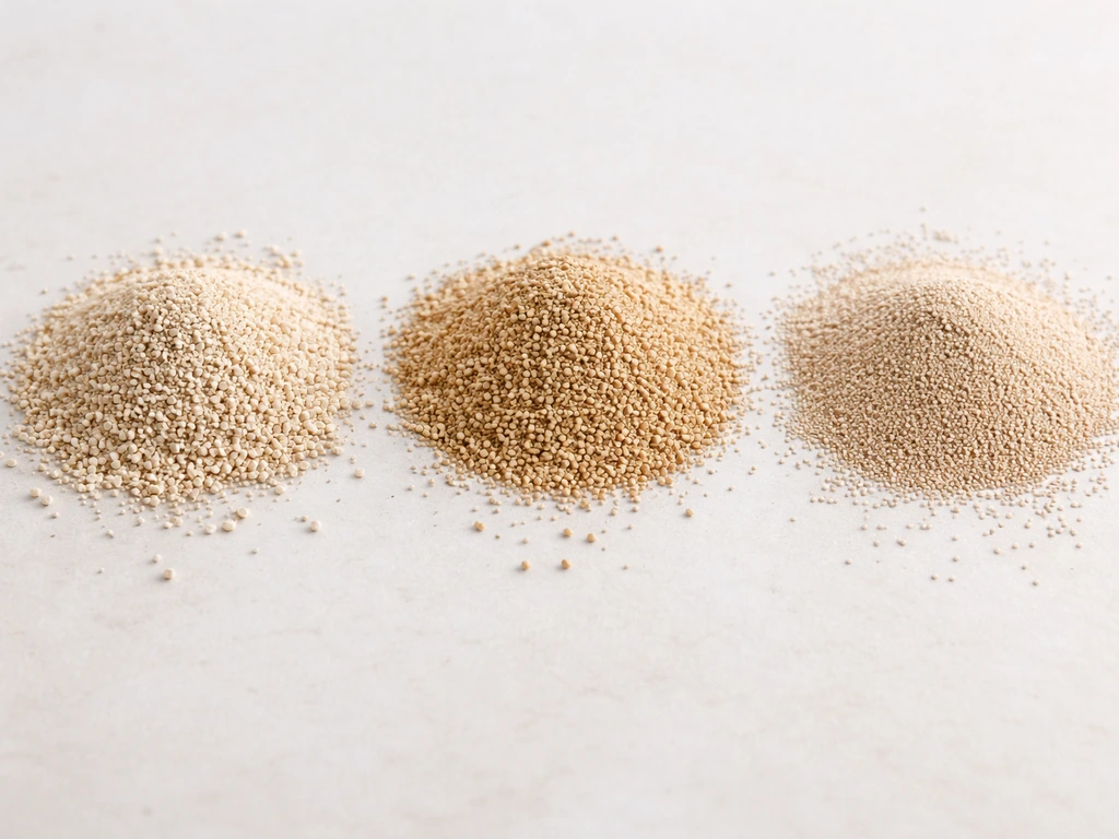 Three unlabeled piles of different dry yeasts shown side-by-side with distinct textures.