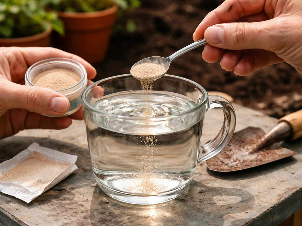 Gardening hands measuring active dry yeast into a glass of water for a soil drench