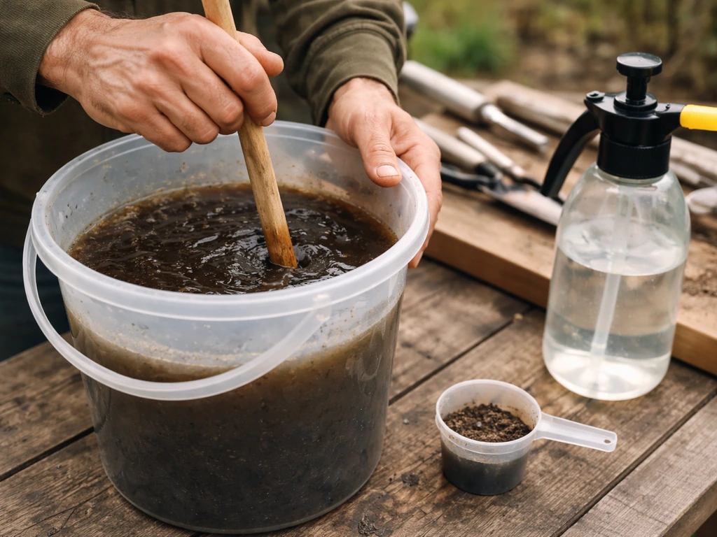 Gardener’s hands stirring a dark compost tea mixture near a hand sprayer on a workbench.