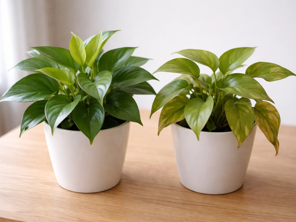 Two indoor potted plants side by side: one lush with new green leaves, one slightly stressed with dull leaves.
