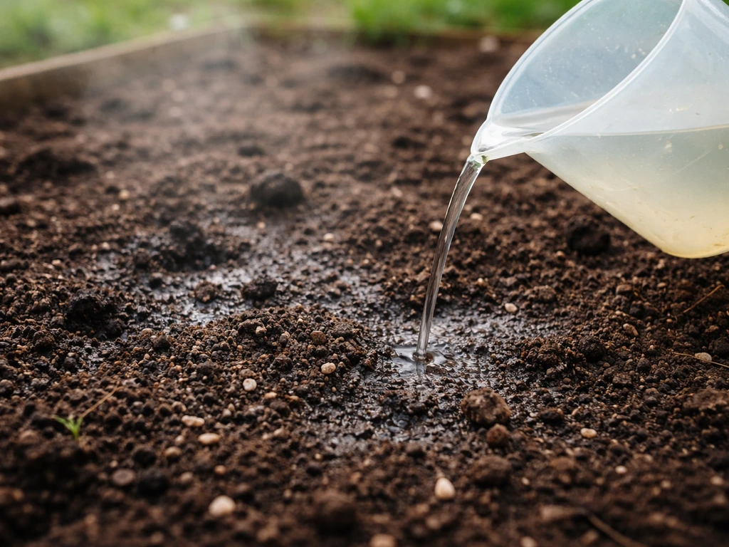 Close-up soil surface with small wet clumps and darker damp patches beside an open watering container with diluted mix