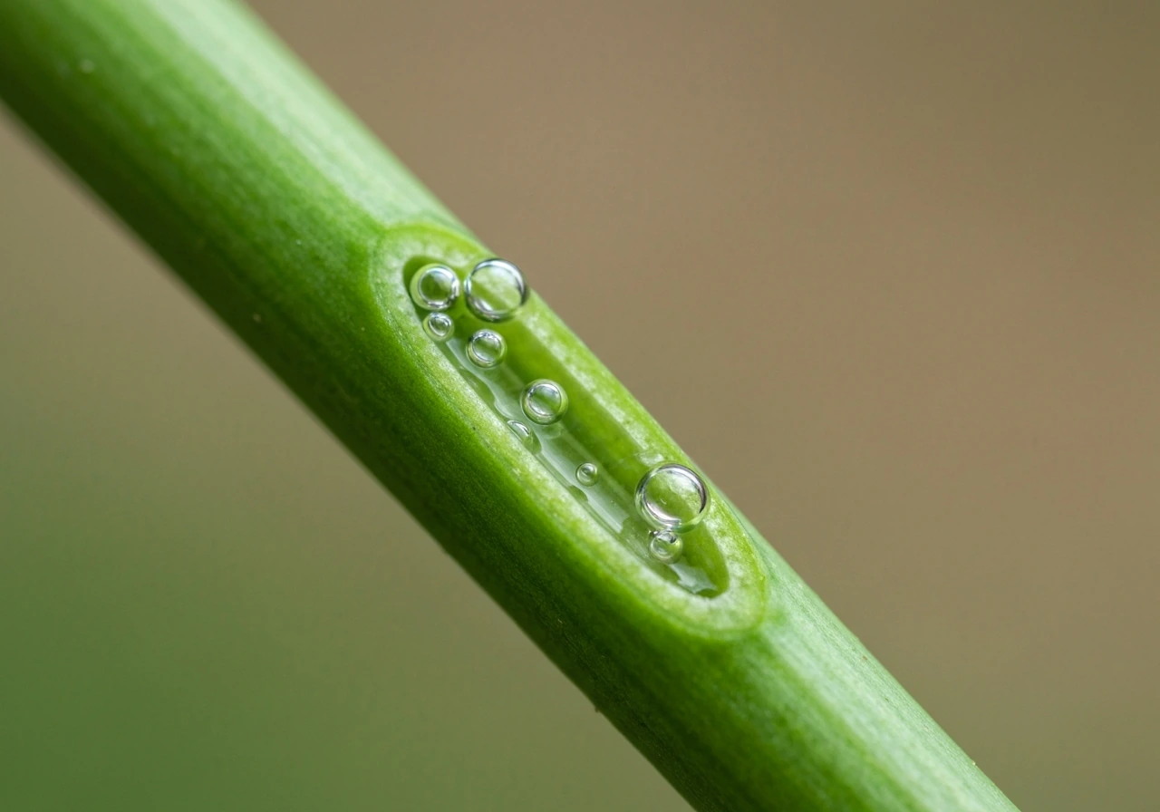 Minimal cross-section view of a plant stem showing xylem tubes with upward water flow and a few air bubbles.