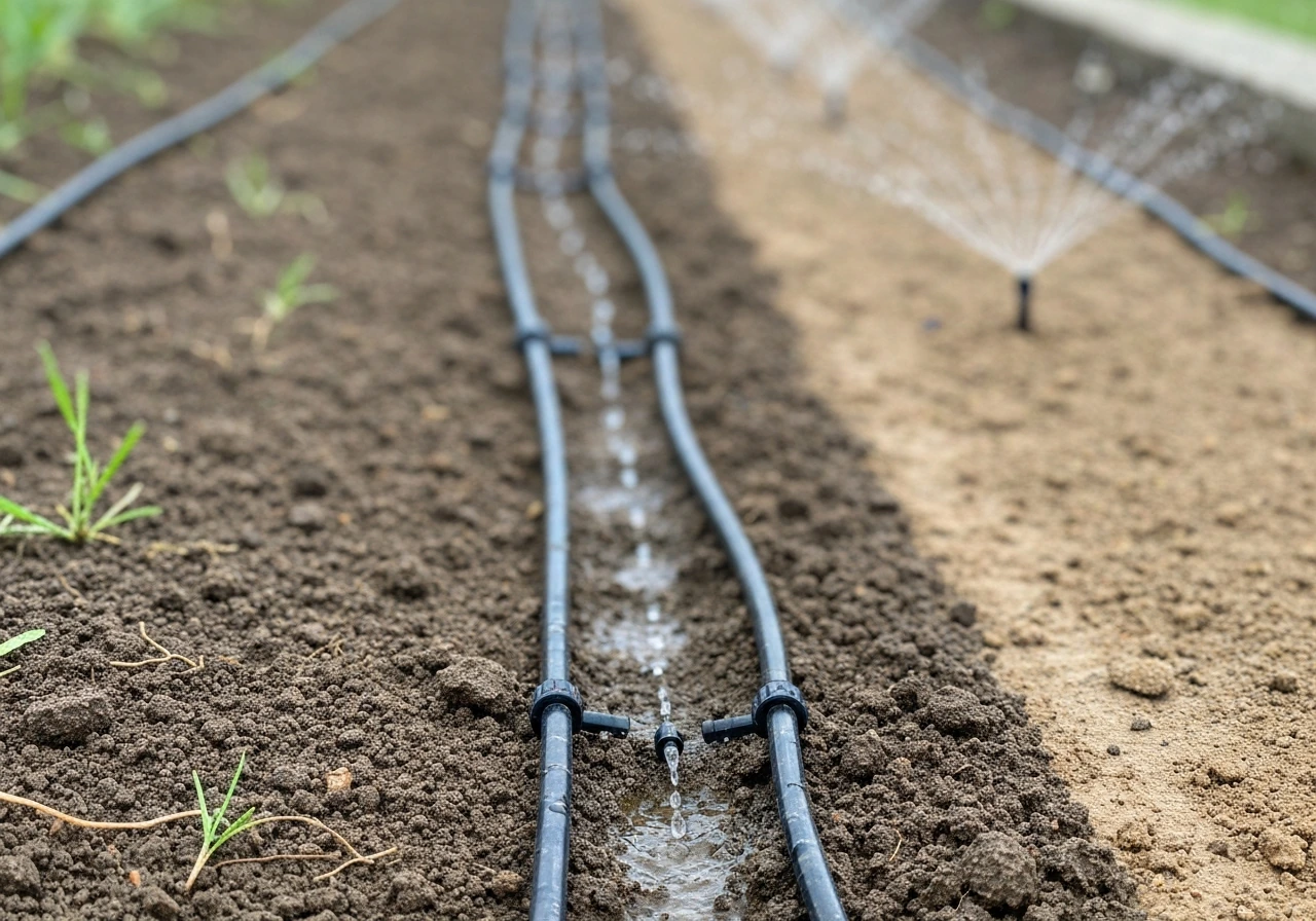 Drip irrigation tubing with emitters releasing droplets into the soil in a simple garden bed.