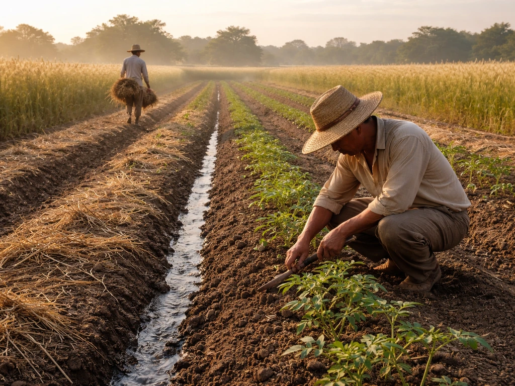 Anonymous workers tend young crops in a tilled field under open sky, preparing soil and mulching.