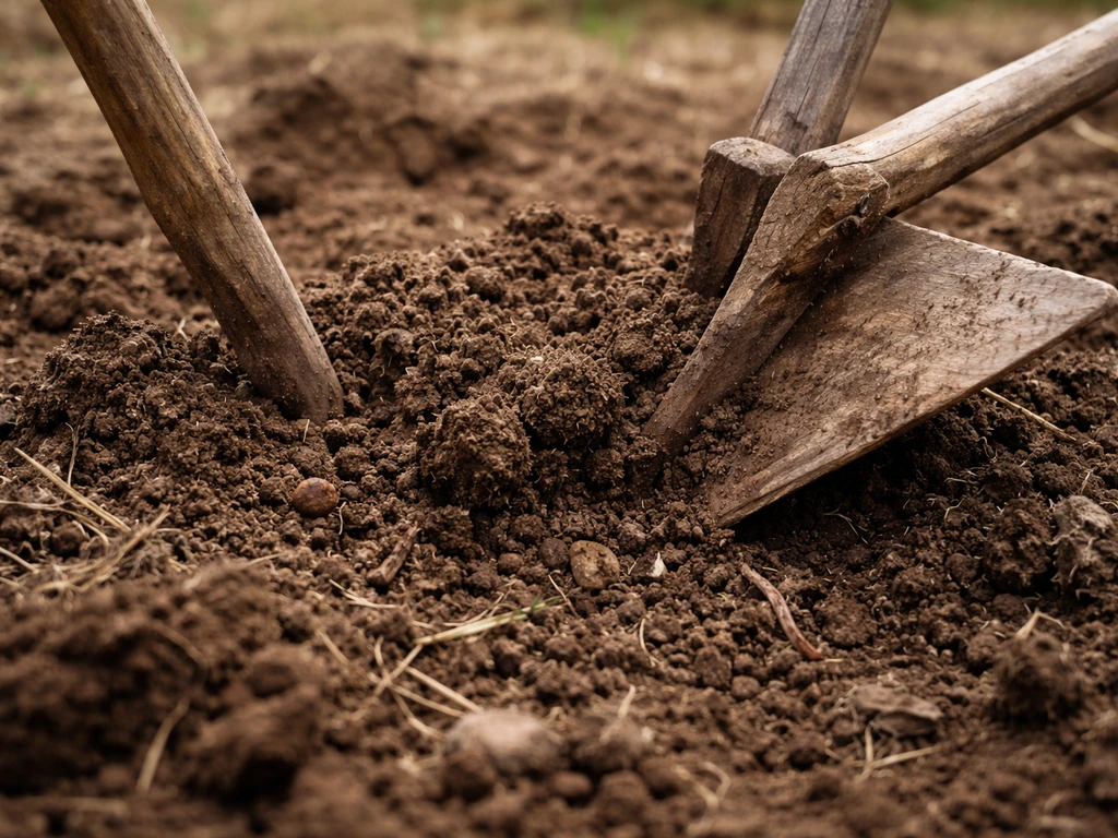 A primitive wooden digging stick and plow break up compacted soil, revealing crumbly earth.