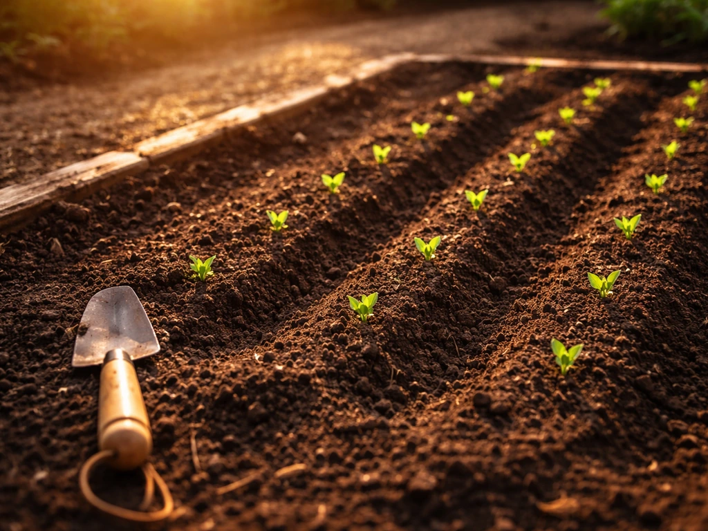 Close view of a small garden seedbed with rows aligned to sunlight, showing spaced seedlings and shadows