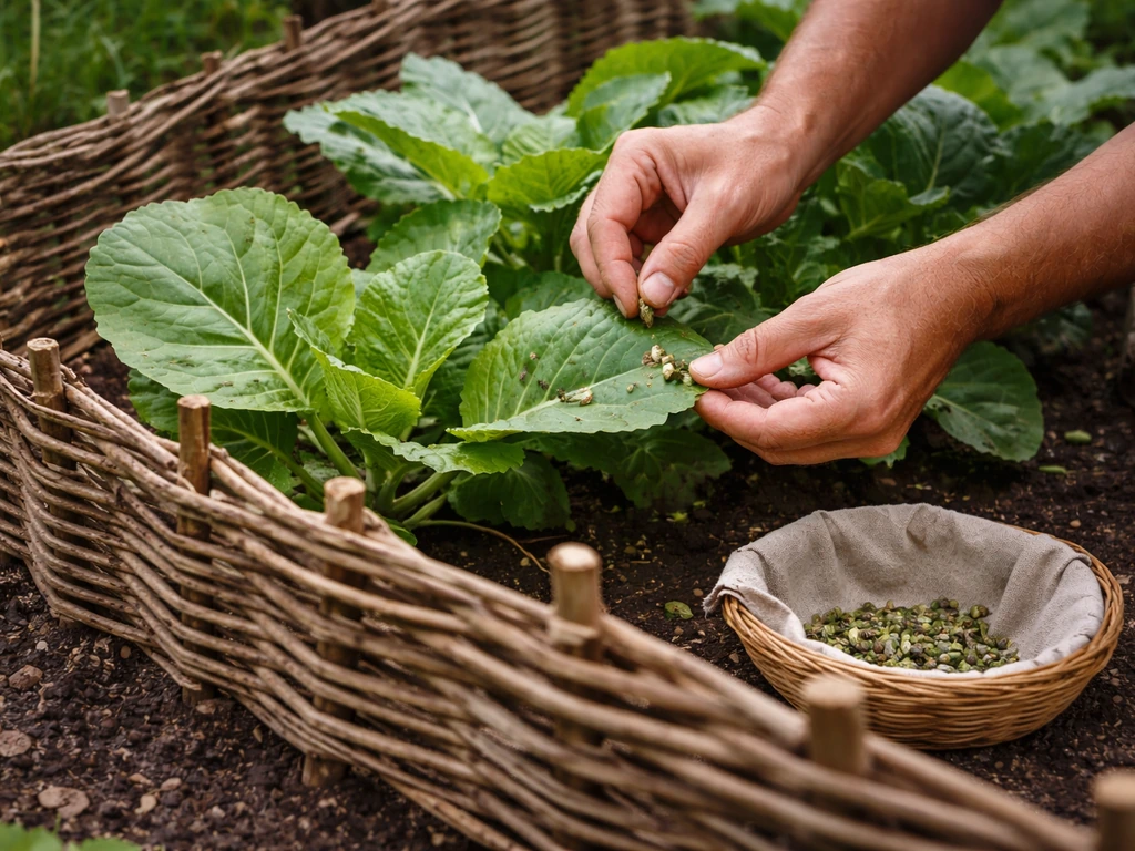 Hands removing pests from garden plants beside a woven fence barrier in bright natural light.