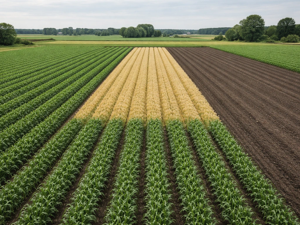 Farm field with distinct rotated crop plots and a bare fallow section, neatly separated