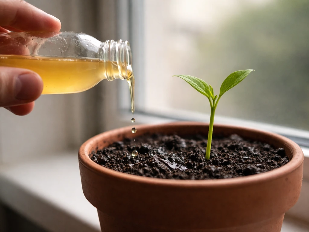 Close-up of a plant pot as apple juice is poured onto soil by a hand, suggesting possible soil risk.