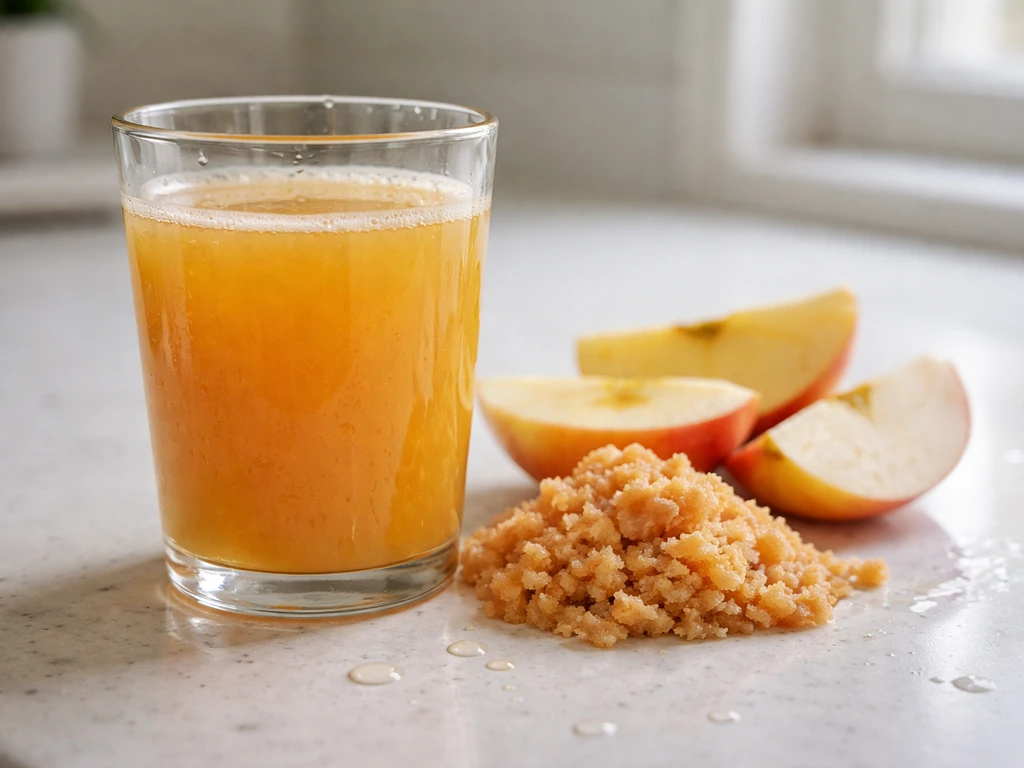 Close-up of apple juice being poured with apple slices and pressed pulp on a simple countertop.