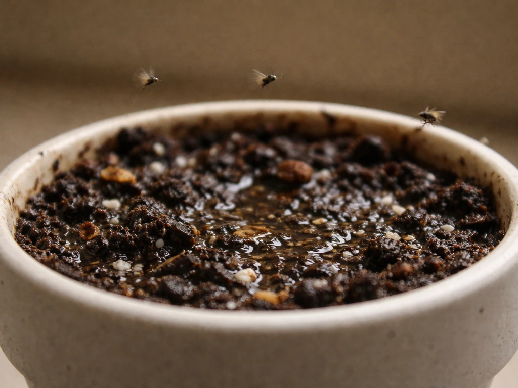 Moist sugary soil in a plant pot with small gnats/fruit flies hovering near the surface